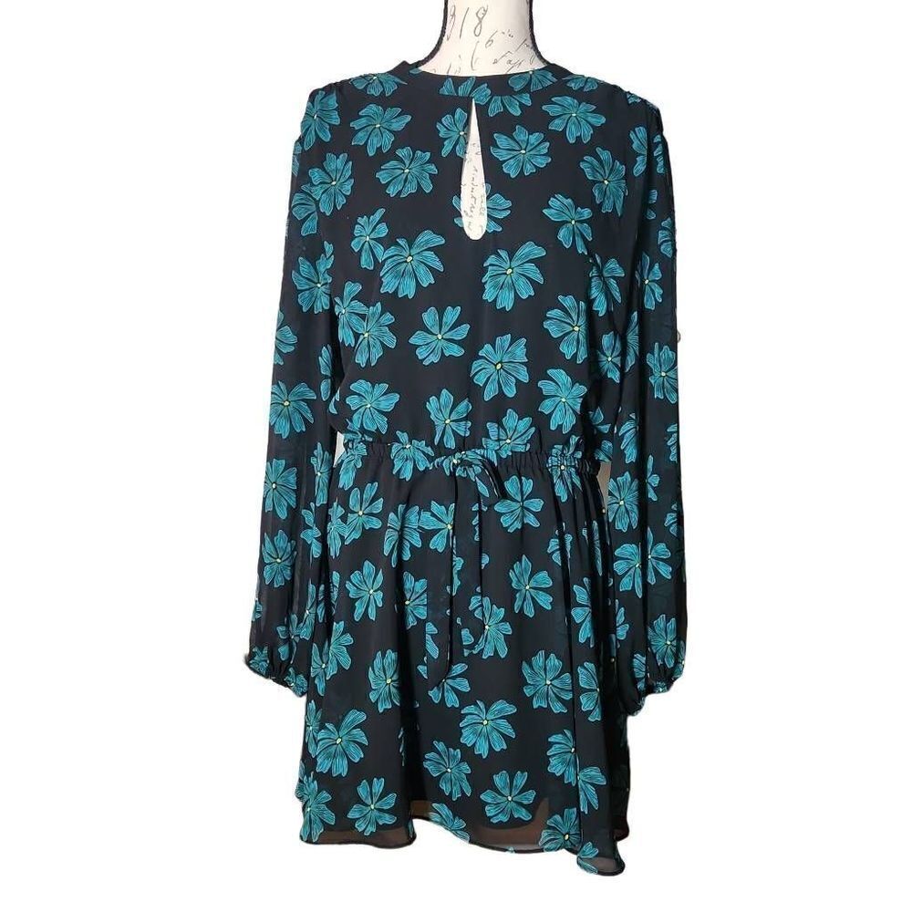 Bar III Women's Size XL Black Teal Floral Print Open Back Sheer Long Sleeve Dres